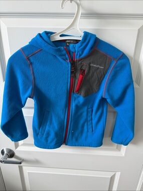 Eddie Bauer Bright Blue Hooded Fleece with Gray Chest Accent